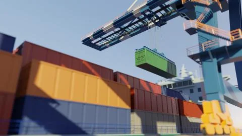 Port cranes loading containers on a cargo ship at the port. Digital 3D render Stock-Illustration