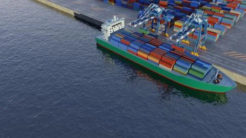 Port cranes loading containers on a cargo ship at the port. Elevated view. Di Illustrazione stock