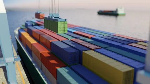 Port cranes loading containers on a cargo ship at the port. Digital 3D render Illustrazione stock
