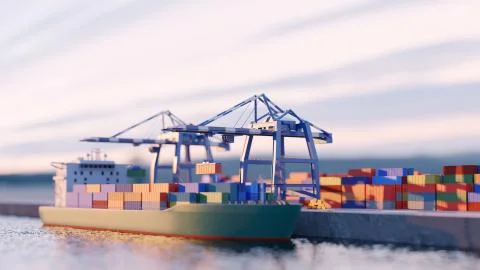 Port cranes loading containers on a cargo ship at the port. Tilt-shift effect Illustrazione stock