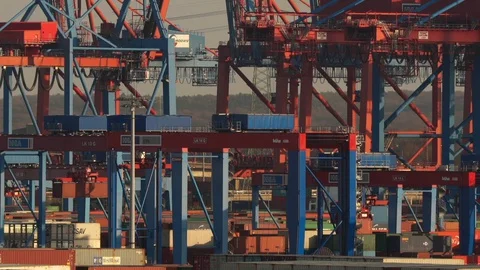 Port cranes moving containers Stock Footage 129745567
