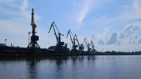Port Cranes by the river Stock Footage 242302717