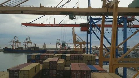 Port cranes unload cargo ship GoPro (port of Saudi Arabia) time-lapse Stock Footage 106942218