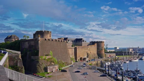 Port de Brest. Brest Castle on a sunny day in France Stock Footage 303662374