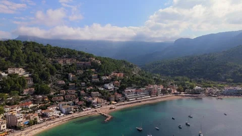 Port de Soller Mallorca Majorca Spain Aerial 4k Mountains Mediterranean Sea 50p Stock Footage 257211376