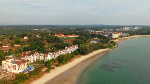 Port Dickson Beachside Hotel Sunset Low Tide Aerial Drone - Malaysia Tourism 스톡 동영상 302792405