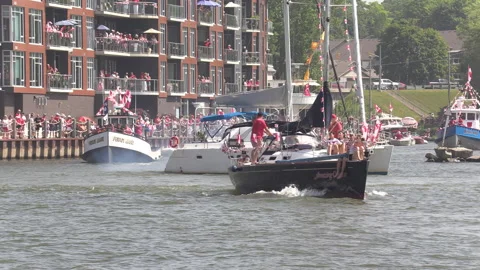Port Dover, Canada July 1 2026 Canada day celebration with flag covered boats Stock Footage 338126351