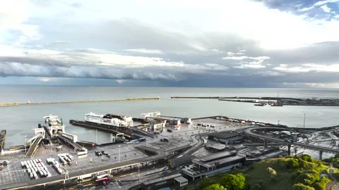 Port of Dover from a drone, White Cliffs, Dover, Kent, England Stock Footage 335104956