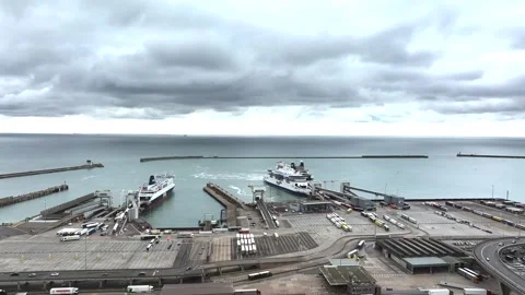 Port of Dover from a drone, White Cliffs, Dover, Kent, England Video stock 335104981