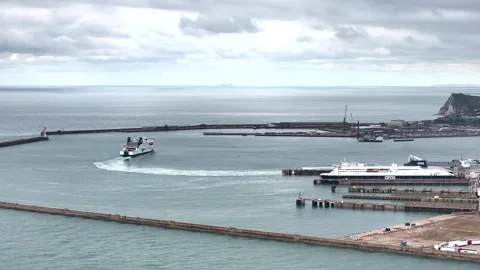 Port of Dover from a drone, White Cliffs, Dover, Kent, England Video stock 335105001
