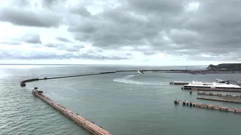 Port of Dover from a drone, White Cliffs, Dover, Kent, England Stock Footage 335105019