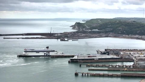 Port of Dover from a drone, White Cliffs, Dover, Kent, England Video stock 335105105