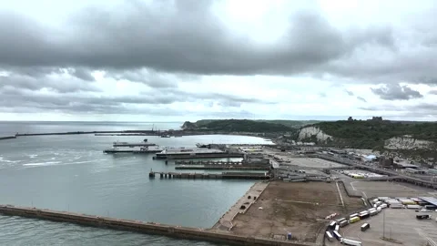 Port of Dover from a drone, White Cliffs, Dover, Kent, England Stock Footage 335105131