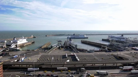 Port of Dover Eastern Docks, wide shot of berthed &amp; arrriving ferries Stock Footage 98295127
