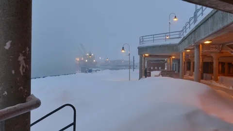 Port during snowfall Stock Footage 103870203