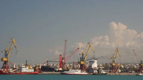 Port easels on coal loading. Kaliningrad trade seaport. Seaport dock with cargo Stock Footage 103944373