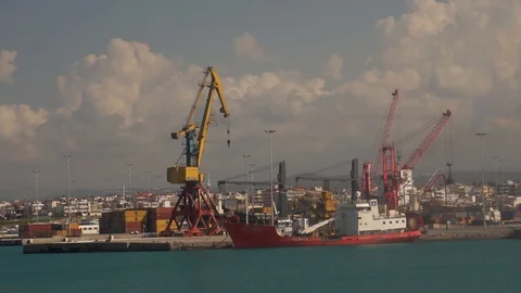 Port easels on coal loading. Kaliningrad trade seaport. Seaport dock with cargo Stock Footage 103946190