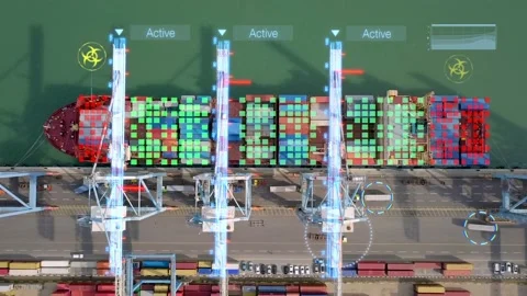 Port efficiency telemetry display on Container Ship. Stock Footage 146780690