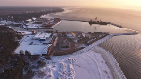 Port engaged in timber export. Aerial video. Stock Footage 327804354