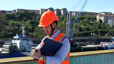 Port engineer inspecting cargo shipments and checking documents Stock Footage 333731426