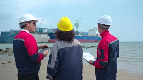 Port engineering team collaborating near cargo vessel Stock Footage 341336712