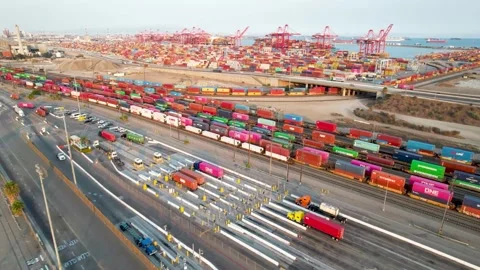 Port Freight Rail Lines and Elevated Road, 4K Stock Footage 160313472