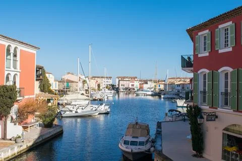 Port grimaud hotels boats and river with yachts Stock Photos