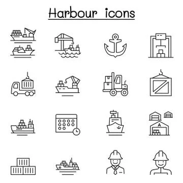 Port icon set in thin line style Illustrazione stock