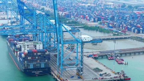 Port Klang Cargo Ship Container Truck Close-Up - Malaysia Port Logistics 4K Stock-Footage 340900266