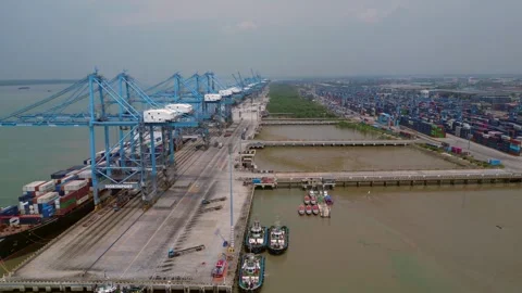 Port Klang with container ships loading cargo. Perfect aerial view drone Stock Footage 344601180