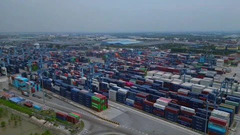 Port Klang with container ships loading cargo. Great aerial view drone Stock Footage 344601497