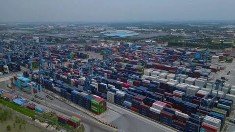 Port Klang with container ships loading cargo. Best aerial view drone Stock Footage 344609269