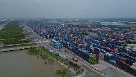 Port Klang with container ships loading cargo. Nice aerial view drone Stock Footage 344618406