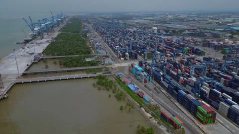 Port Klang with container ships loading cargo. Magic aerial view drone Stock Footage 344621789
