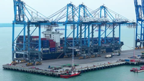 Port Klang Gantry Crane Container Truck Aerial - Malaysia Port Logistics 4K Stock-Footage 340900850