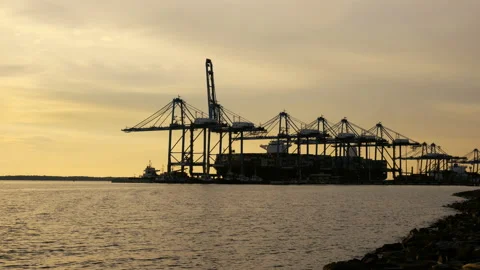 Port Klang Sunset time lapse with ship unloading Stock-Footage 204853654