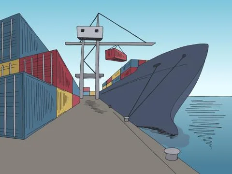 Port loading dry cargo ship graphic color sea landscape sketch illustration vect Stock Illustration