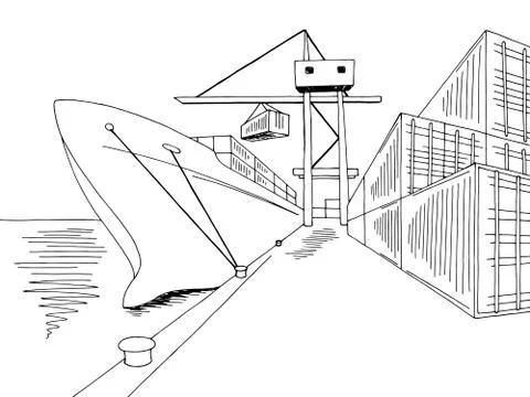 Port loading dry cargo ship graphic black white sea landscape sketch illustratio Stock Illustration
