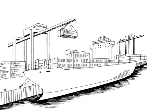 Port loading dry cargo ship graphic black white sea landscape sketch illustratio Stock Illustration