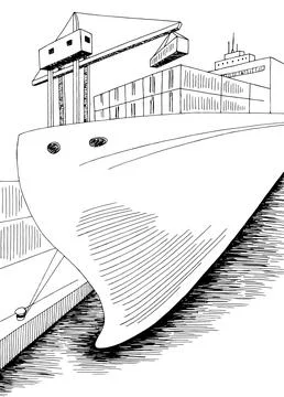 Port loading dry cargo ship graphic sea vertical landscape sketch vector Stock Illustration