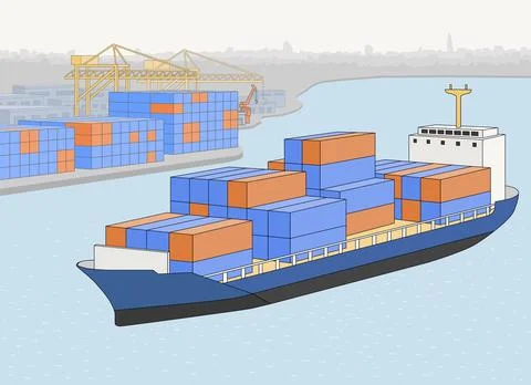Port logistics with container cargo on ocean ship and cranes Stock Illustration