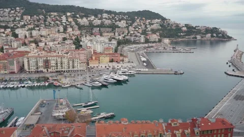 Port Lympia Nice. Panoramic view of Nice port and city architecture. Stock Footage 239627756