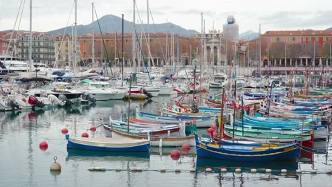 Port Lympia Nice. View of Nice port and city architecture. Stock Footage 239626839