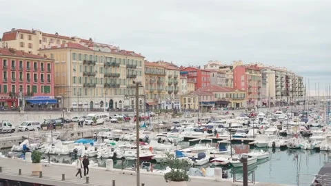 Port Lympia Nice. View of Nice port and city architecture. Boats and yachts. Video stock 239626865