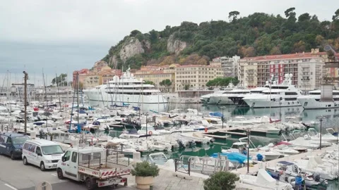 Port Lympia Nice. View of Nice port and city architecture. Boats and yachts. Stock Footage 239626867