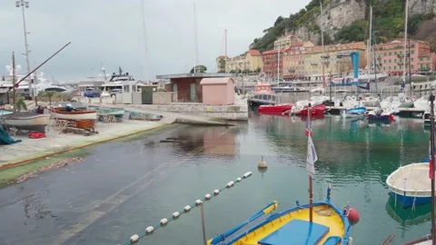 Port Lympia Nice. View of Nice port and city architecture. Boats and yachts. Video stock 239627746