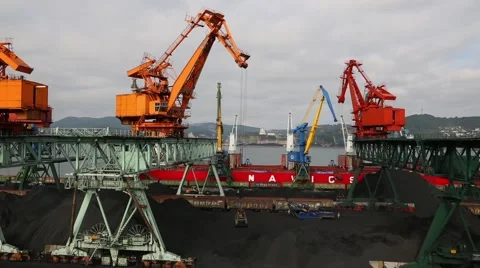 Port moorings for processing coal at the port of Nakhodka. Primorsky Kray,Russia Stock Footage 56690937