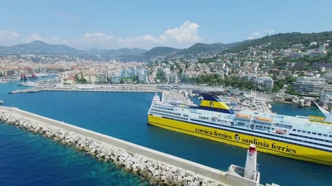 Port of Nice panorama with Mega Express Two ferryboat moves backward Stock Footage 70958767