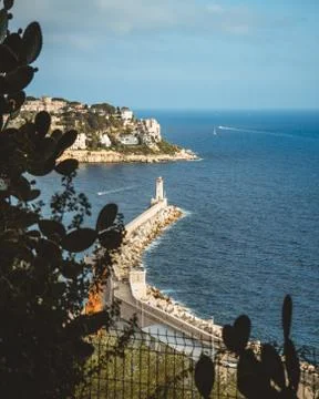 Port of Nice view through the cactuses. Lighthouse in the south coast of France Stock Photos