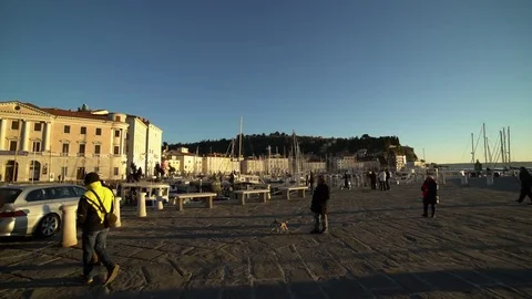 Port of Piran at sunset in winter season, Slovenia Stock Footage